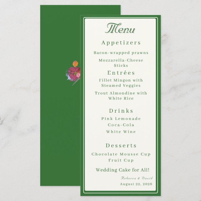 Menú Boda Católica Forest Green Dos Corazones (Anverso / Reverso)