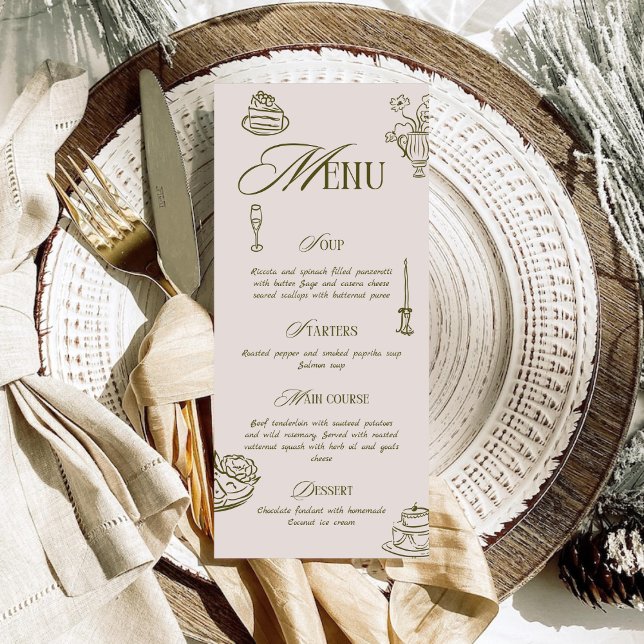 Menú Boda Cena Cena Ilustrada Verde Retro Dibujada a Ma (Subido por el creador)