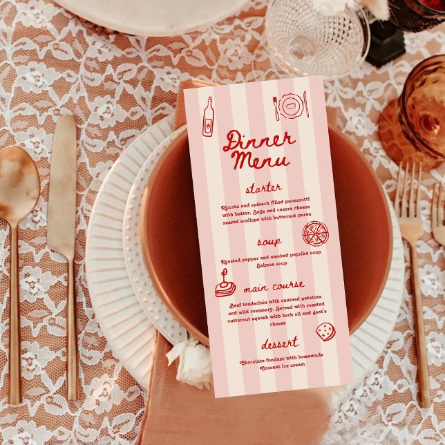 Menú Boda Cena Ilustrada Retro Rojo y Rosa (Subido por el creador)
