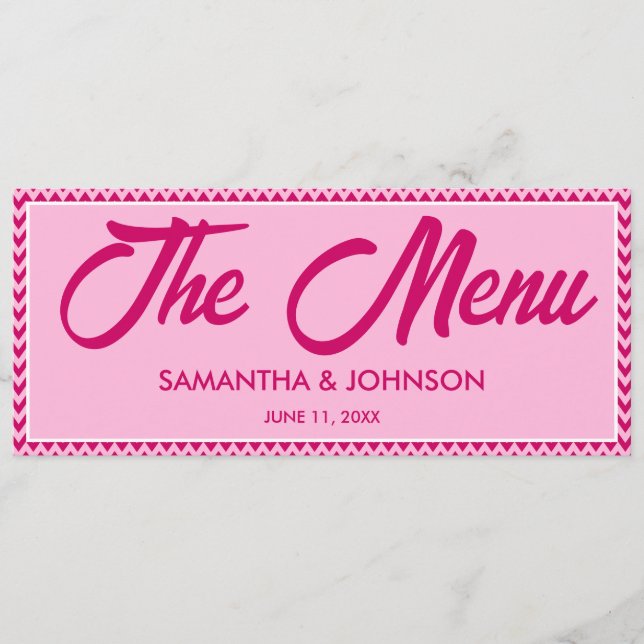 Menú Boda Cena Moderno Rosa Chevron Rayado (Anverso)