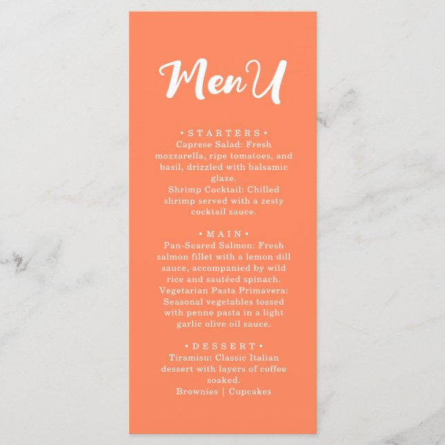 Menú Boda Cena Naranja Coral Moderna y Actual (Anverso)