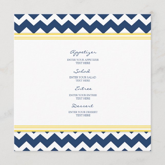 Menú boda Chevron azul amarillo (Anverso)