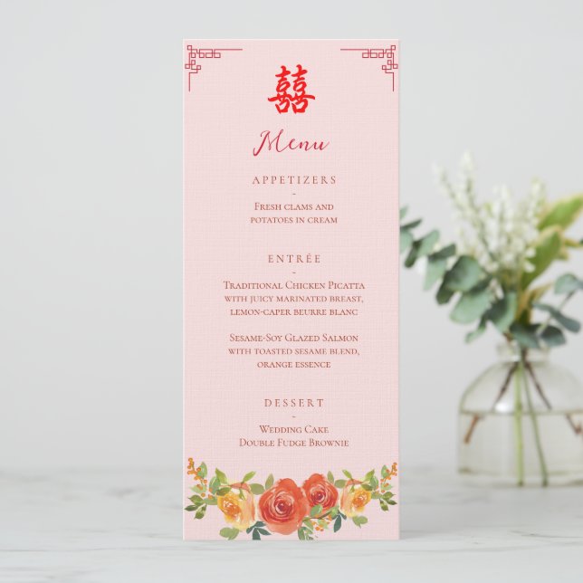 Menú Boda china banquete floral amarillo naranja  (Anverso de pie)