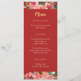 Menú Boda china con flores rosadas sobre fondo rojo