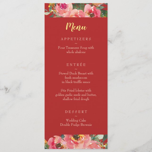 Menú Boda china con flores rosadas sobre fondo rojo (Anverso)