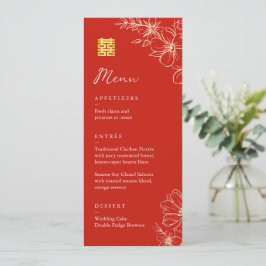 Menú Boda china elegante moderna floral guión rojo