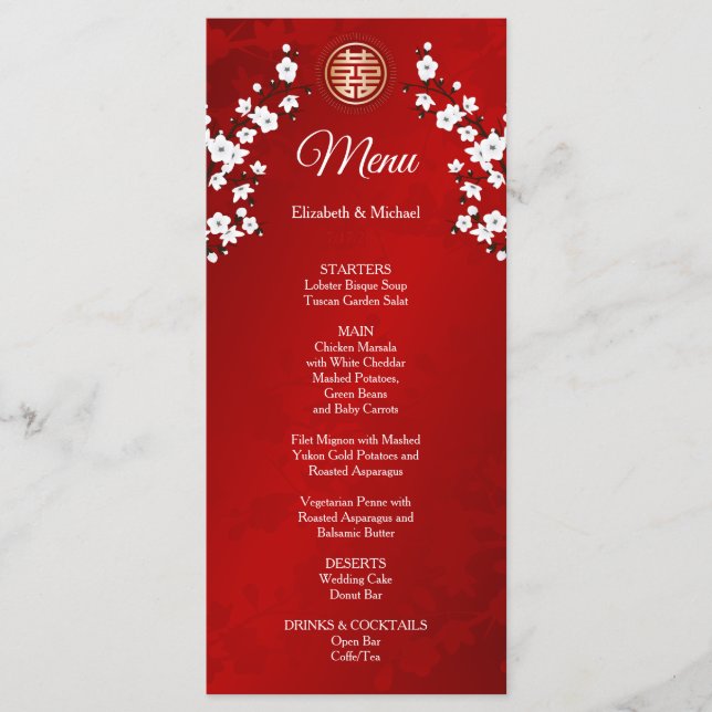 Menú BODA chino con flores de cerezo rojo BILINGUAL (Anverso)