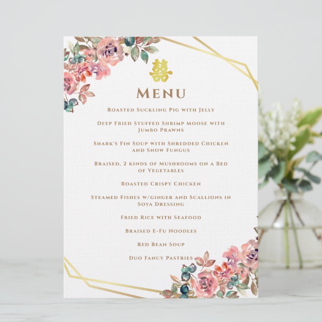 Menú Boda chino con flores geométricas de oro (Anverso de pie)