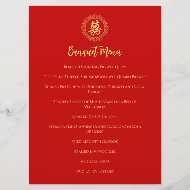 Menú Boda chino de doble felicidad (Anverso)