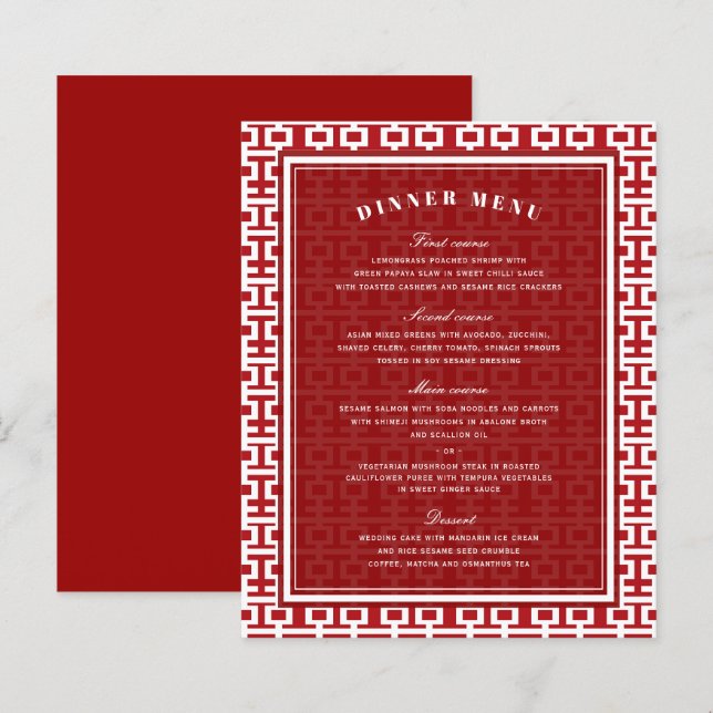 Menú Boda chino de doble felicidad minimalista (Anverso / Reverso)