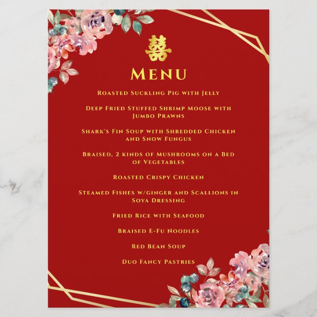 Menú Boda chino de floración dorada geométrica roja (Anverso)