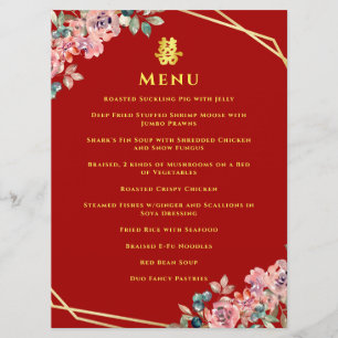 Menú Boda chino de floración dorada geométrica roja