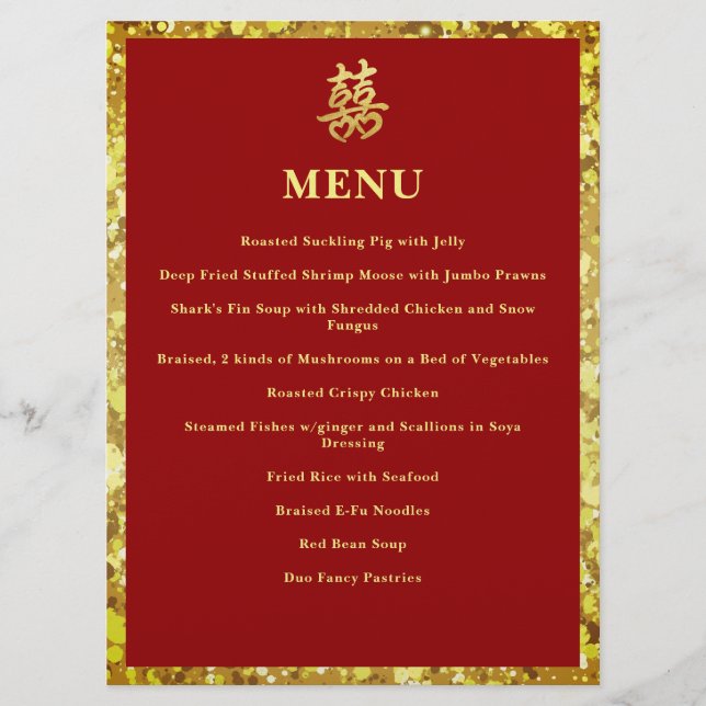 Menú Boda chino doble felicidad corazón formal rojo (Anverso)