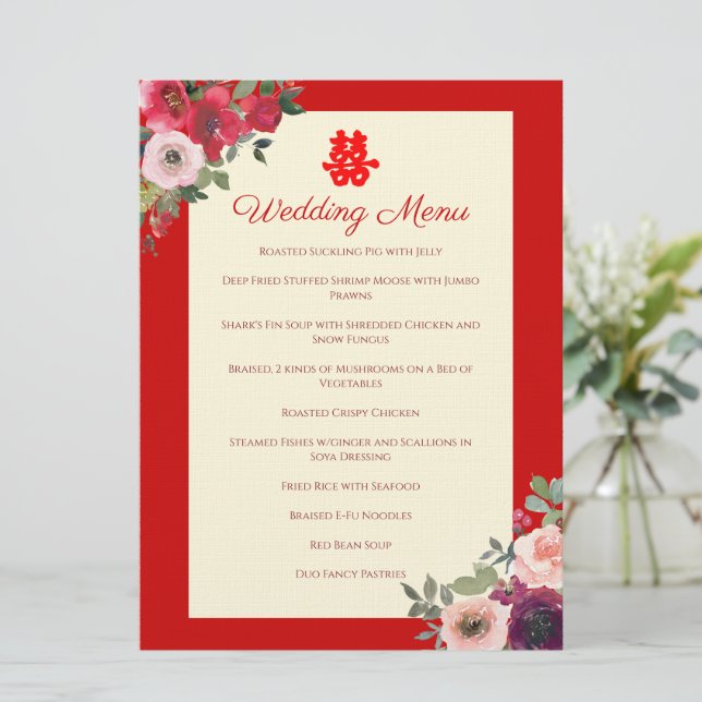 Menú Boda chino jardín de flores morado rojo (Anverso de pie)