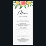 Menú Boda Citrus de color de agua y pomelo y Naranjas<br><div class="desc">Agregue esta carta de menú de pomelo brillante y festiva a su tablescape de eventos. Cuenta con garland acuático o pomelo,  naranjas y vegetación. Personalice agregando nombres y detalles del menú. Esta tarjeta de menú temático para cítricos es perfecta para bodas de verano y otros eventos.</div>
