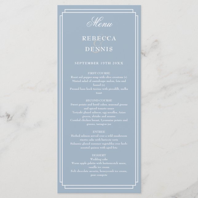 Menú Boda Clásica Art Déco Polvo Azul (Anverso)