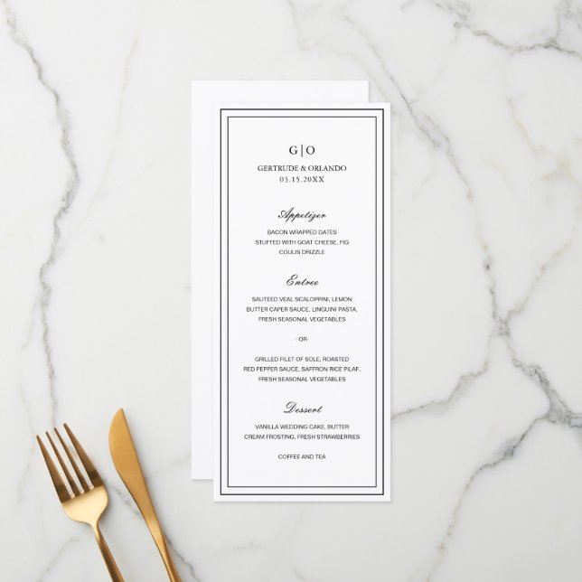 Menú Boda clásica en blanco y negro elegante (Anverso/Reverso In Situ)