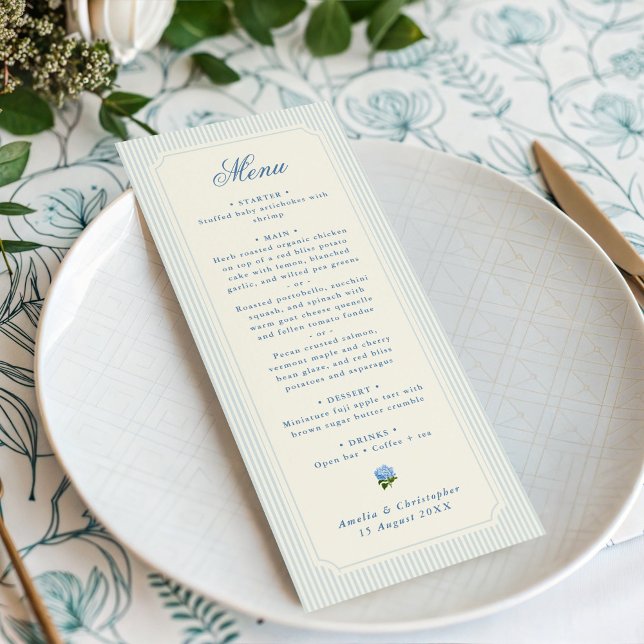 Menú Boda Clásica Hortensia de Rayas Azul Claro (classic blue pinstripes wedding menu)