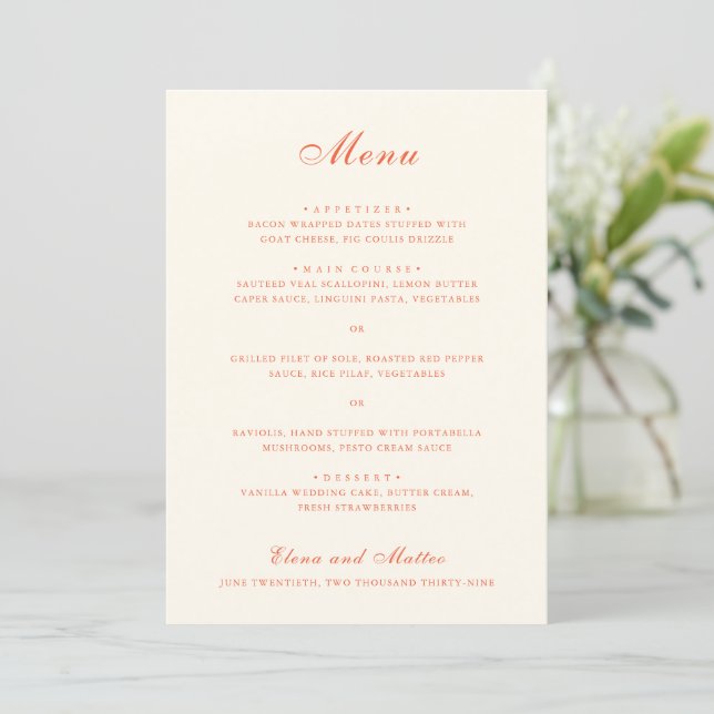 Menú Boda Clásica Moderna de Terracota Elegante (Anverso de pie)
