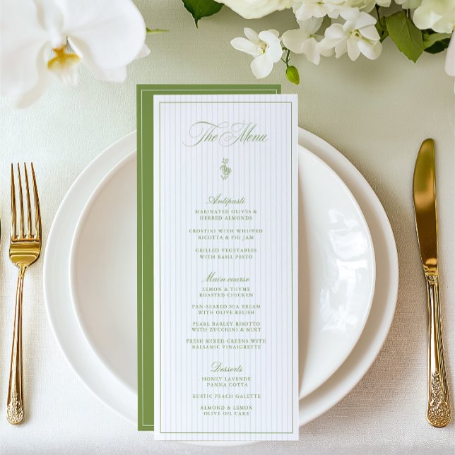 Menú Boda clásico con rayas verdes y azules (Classic Sage Green & Blue Striped Wedding Menu)