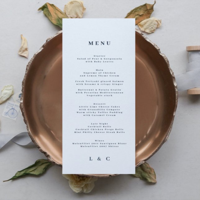 Menú Boda clásico simple de color blanco azul marino (Subido por el creador)