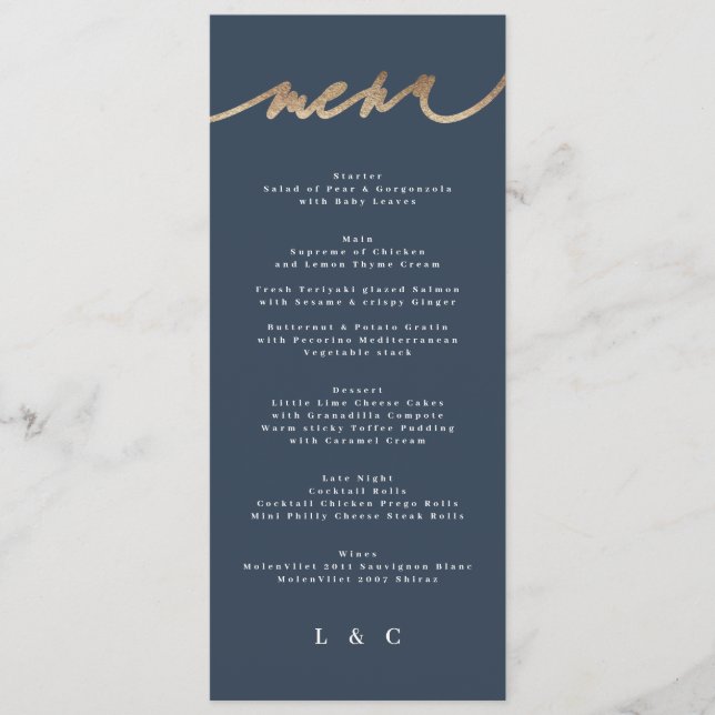 Menú Boda clásico simple de la marina de oro (Anverso)