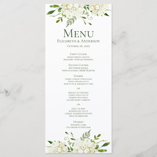 Menú Boda con Acuarela Floral de Hortensias Blancas (Anverso)