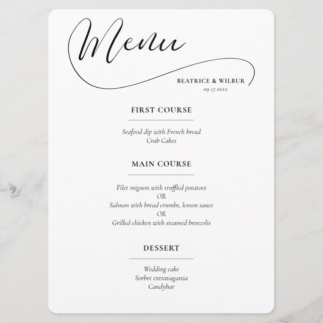 Menú Boda con caligrafía romántica elegante (Anverso)