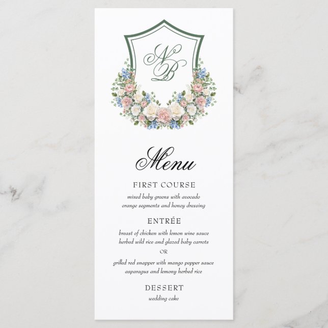 Menú Boda con Cresta Floral Azul Polvoriento (Anverso)