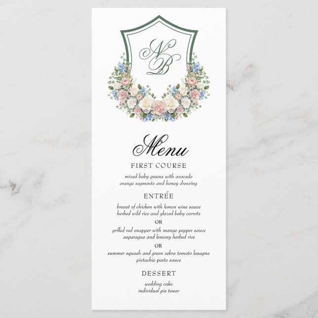 Menú Boda con Cresta Floral Azul Polvoriento (Anverso)