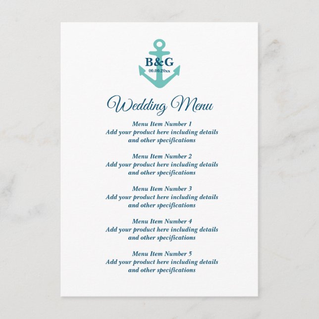 Menú boda con el logo del ancla de la embarcación  (Anverso)
