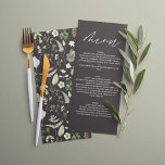 Menú Boda con escritura botánica moderna elegante negra<br><div class="desc">Decoración de boda rústica moderna natural monocroma verde floral y botánica menú. Con hermoso texto de escritura y detalles de acuarela de follaje verde salvia,  gris,  negro y blanco. Esta colección de boda moderna seguramente establecerá el estilo para tu gran día.</div>