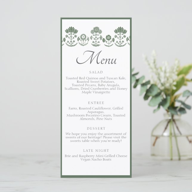 Menú Boda con estampado botánico verde y blanco (Anverso de pie)