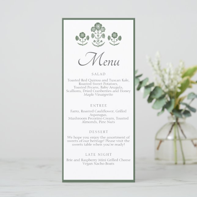Menú Boda con estampado botánico verde y blanco (Anverso de pie)