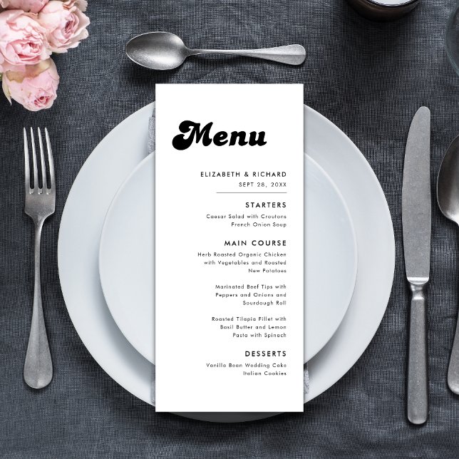 Menú Boda con Estilo Retro en Blanco y Negro (Retro black and white wedding menu presents your dishes with a stylish, timeless touch.)
