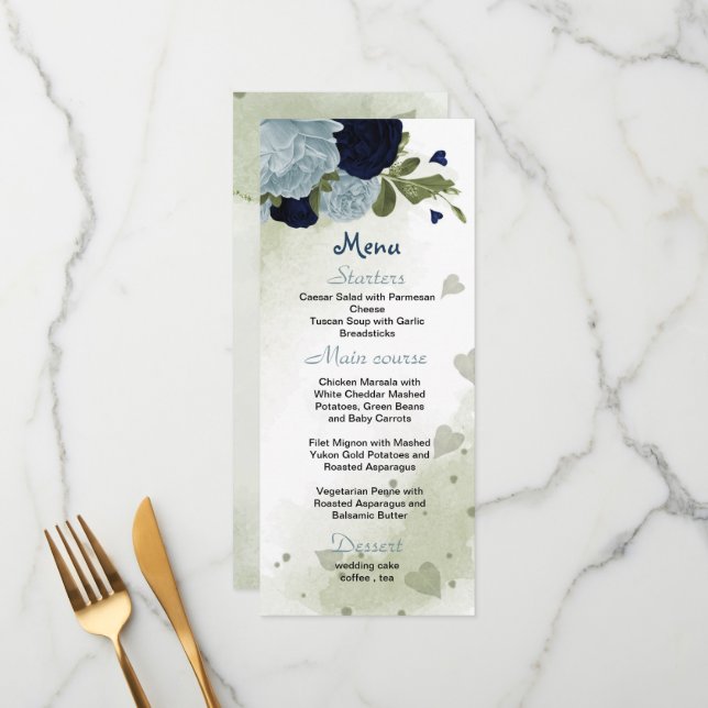 menú boda con flores azules polvorientas y marinas (Anverso/Reverso In Situ)