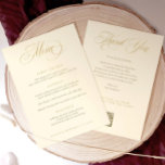 Menú boda con Gracias Oro<br><div class="desc">Este elegante menú color crema y boda dorado, con muchas gracias en la parte trasera, que se sirve las 5x7, ofrece caligrafía lujosa para darle un toque sofisticado a la recepción. El reverso incluye una nota de agradecimiento y un cómodo código QR para que los huéspedes puedan subir y compartir...</div>