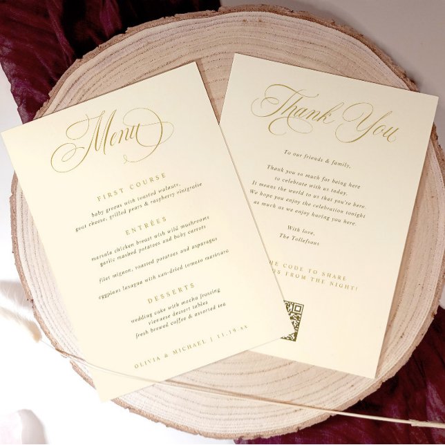 Menú boda con Gracias Oro (Elegant wedding menu with thank you on the back and qr code to upload photos for photo sharing.)