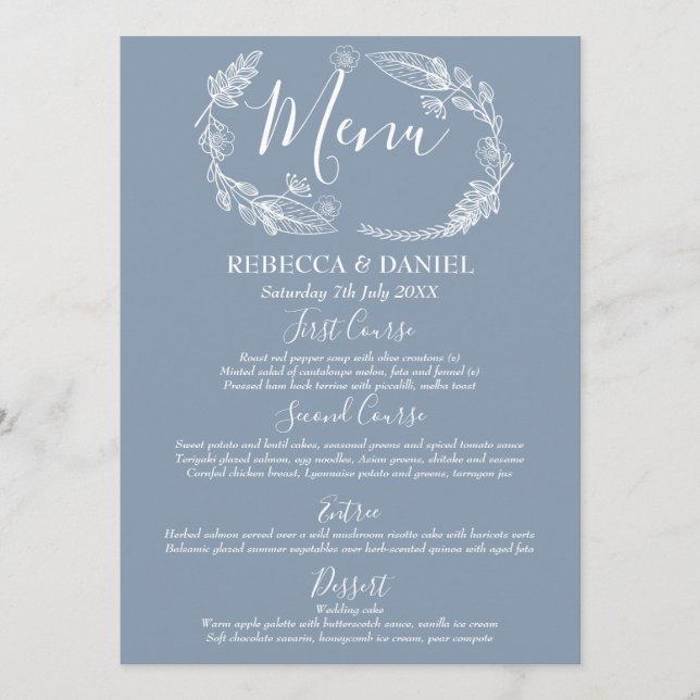Menú Boda con guión de guirnalda floral rústica dibujad (Anverso)