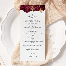 Menú Boda con guión moderno floral dorado de Borgoña