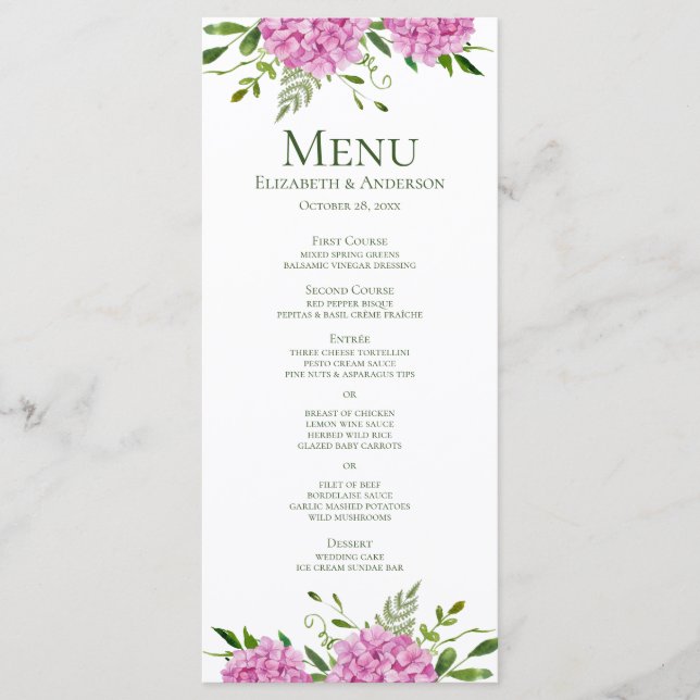 Menú Boda con Hortensias Rosadas (Anverso)