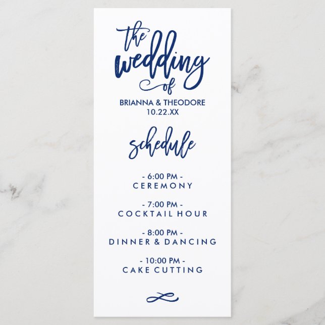 Menú Boda con letra manual de moda Azul marino (Anverso)