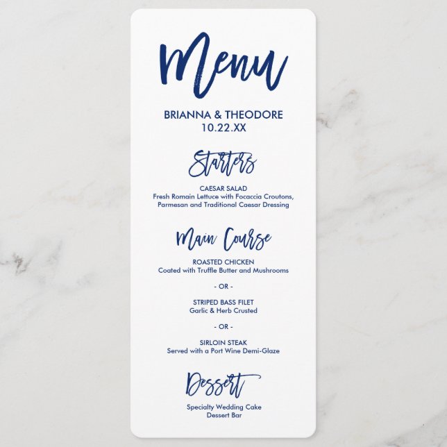 Menú Boda con letra manual de moda Azul marino (Anverso)