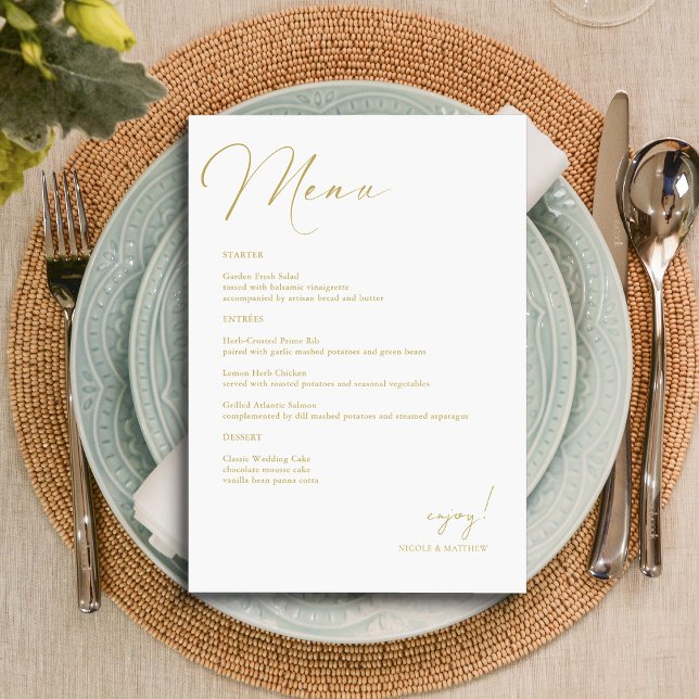 Menú Boda con letras de oro elegantes y personalizadas (Personalized Elegant Gold Hand Lettered Wedding Menu)