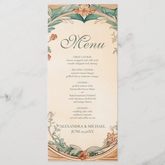 Menú Boda con marco botánico cálido (Anverso)