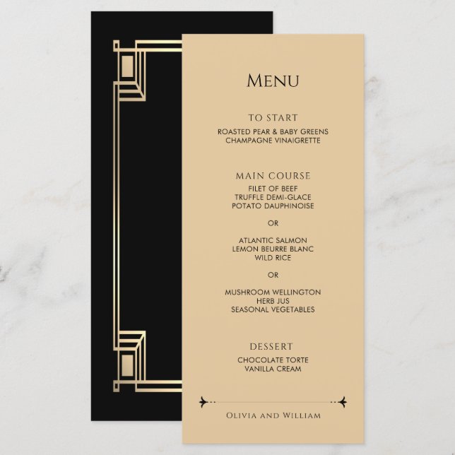 Menú Boda con marco de oro elegante Art Deco (Anverso / Reverso)