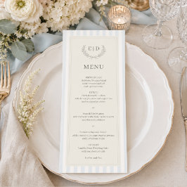 Menú Boda con Monograma a Rayas Azules y Salvia