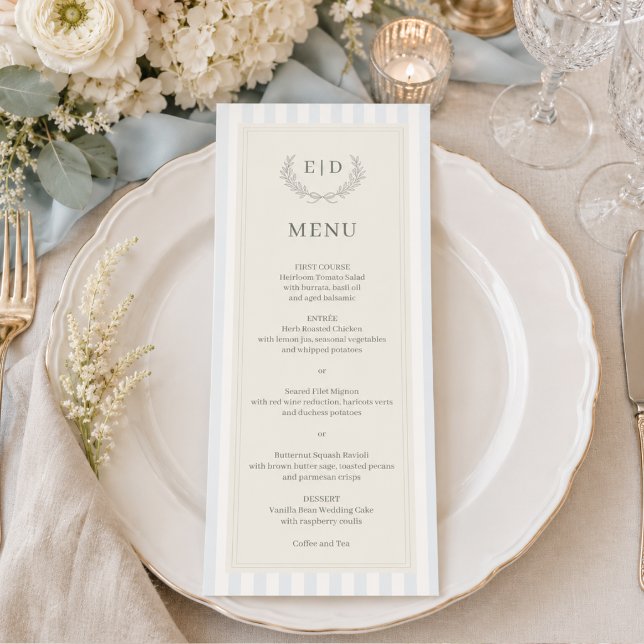 Menú Boda con Monograma a Rayas Azules y Salvia (Subido por el creador)