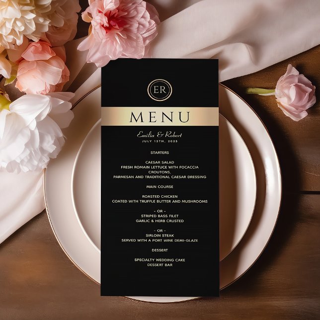 Menú Boda con Monograma Negro y Dorado (Subido por el creador)