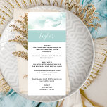 Menú boda con nombre de invitado, color de agua tu<br><div class="desc">Relájese con este menú personalizado con su nombre. El diseño es independiente, con un delicado fondo acuático, en una mezcla de tonos turquesa, acuático, azul polvoriento y verde suave tanto en la parte superior como en la parte posterior. La elegante sección Turquoise Aqua engloba el nombre del cliente en la...</div>